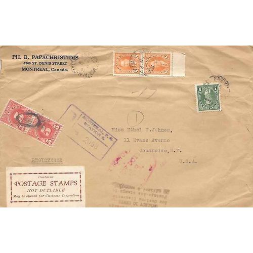 Canada Mufti REGISTERED Mail Montreal Quebec Station B, 1937 to USA PASSED, DUES