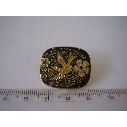 Brooch Damascene Black & Gold Humming Bird Flower Vintage Toledo 1" Lapel Pin