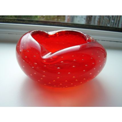 Vintage Murano Red Art Glass Bullicante Controlled Bubble Bowl Ash Tray Dish