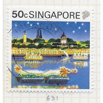 SINGAPORE 1990 TOURISM SIGHTS 50c USED AT NIGHT LIGHT FESTIVAL BOATS WATER STARS
