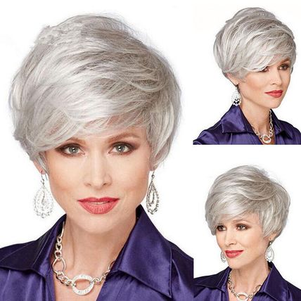 Wig Short Straight Silver Grey Classic Synthetic Hair Wigs Women Ladies