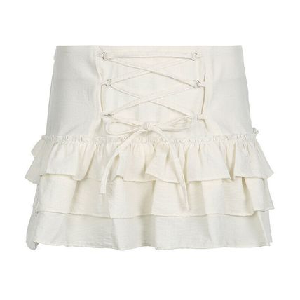Sweet Low-waisted Skirt Mini White Bow Tiered Ruffle Aline Kawaii Lolita