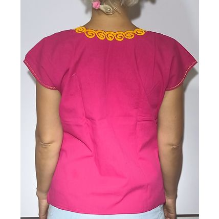 Sunflowers & Calla Lillies Embroidered Cotton Canvas Pink Blouse Chiapas Mexico