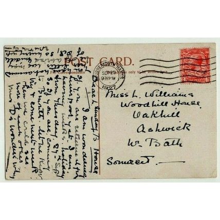 POSTCARD Gardens & War Memorial Bournemouth 1927 BOURNEMOUTH M/C Pmk Wavy Lines