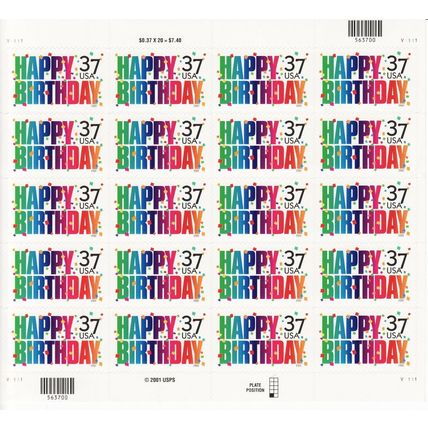 Happy Birthday Sheet of Twenty 37 Cent Stamps Scott 3695