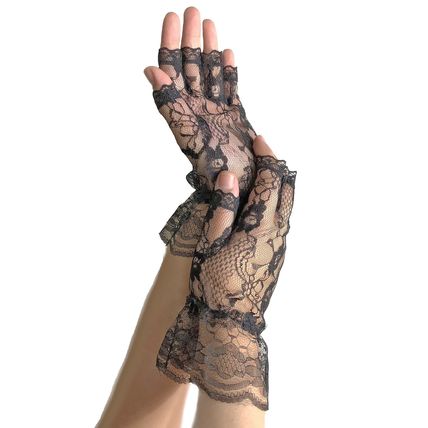 Black Fingerless Lace Gloves Wrist Length Ruffle Gothic Costume Accessory