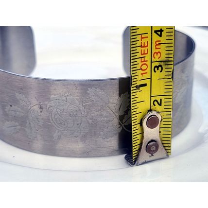 Wide Silver Tone Floral Cuff Bracelet, Etched Rose Botanical Bangle, Vintage