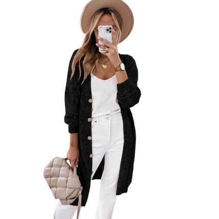 Black Hollow-out Openwork Knit Cardigan