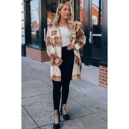Brown Plaid Print Flap Pockets Long Shacket