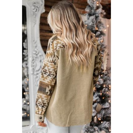 Khaki Aztec Print Patchwork Frayed Edge Corduroy Jacket