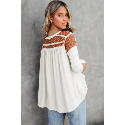 White Contrast Crochet Lace Henley Top