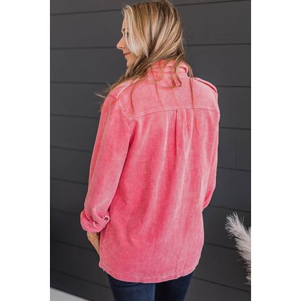 Pink Buttoned Flap Pocket Corduroy Jacket