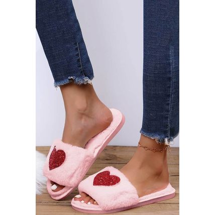Pink Sequin Heart Shaped Slip On Plush Slippers