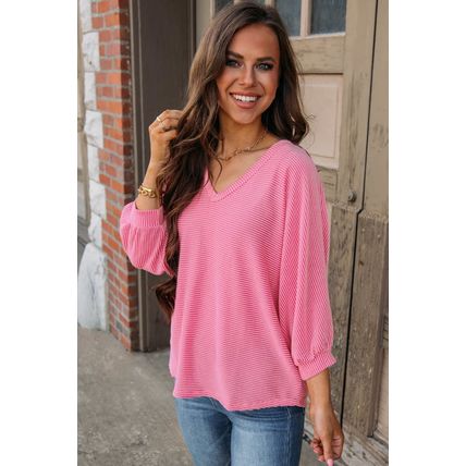 Strawberry Pink Striped Print Bracelet Sleeve V Neck Top