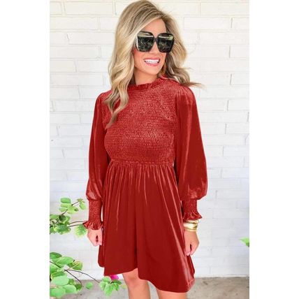 Red Clay Frilled Neck Smocked Bodice Velvet Dress