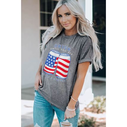 Gray USA Flag Drink Cans Slogan Graphic Tee