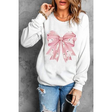 Beige Ghost Bowknot Graphic Crew Neck Drop Shoulder Sweatshirt