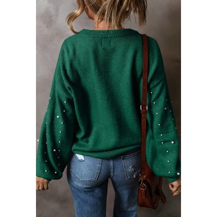 Evergreen Pearled Drop Shoulder Round Neck Sweater