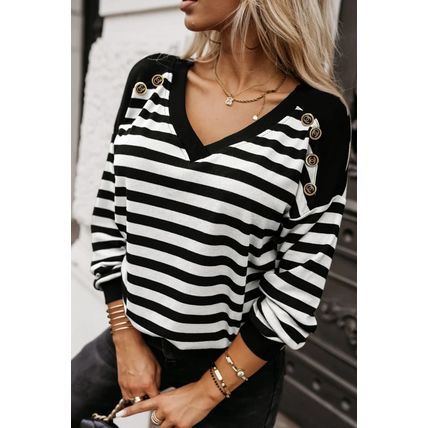 Black Stripe Crochet Hollow-out Back Buttoned Shoulder V Neck Top
