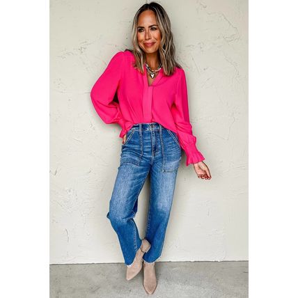 Rose Red Solid Color Shirred Cuff Notch V Neck Blouse