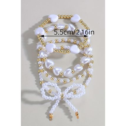 White Bow Knot Heart Shape Faux Pearl Beaded Bracelet Set