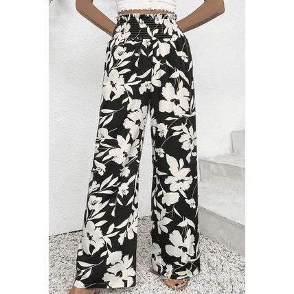 Black Floral Print Smocked High Waist Wide Leg Pants