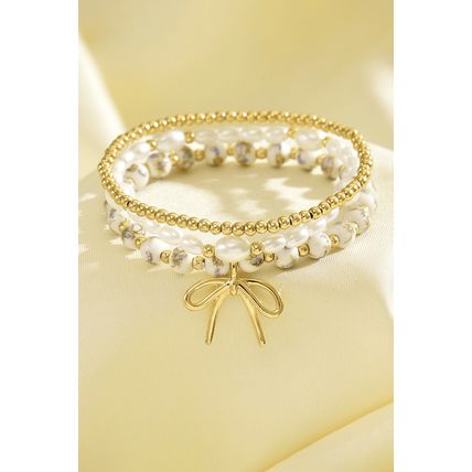 Gold Bow Knot Charm Beaded Triple Layer Bracelet Set