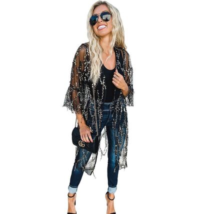 Black Sequin Sheer Long Sleeve Open Front Kimono