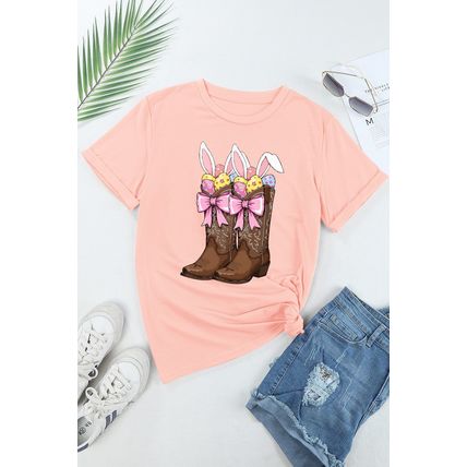 Pink Easter Eggs Bunny Ear Bow Boots Printed Tee