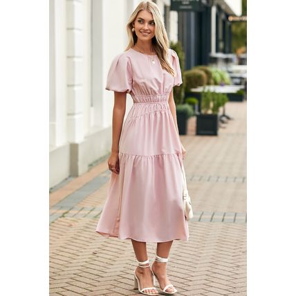 Pink Puff Sleeve Pleated High Waist Flowy Midi Dress