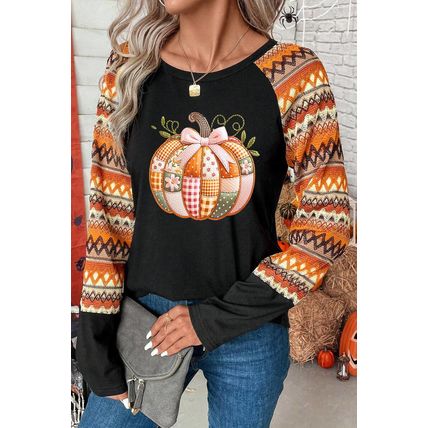 Orange Cute Pumpkin Graphic Geo Print Raglan Long Sleeve Tee