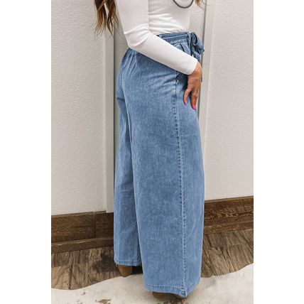 Beau Blue Western Washed Bow Knot Sash Wide Leg Jeans