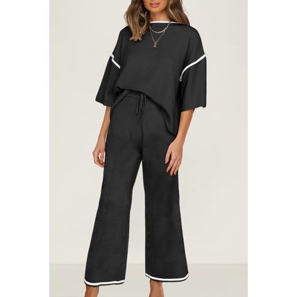 Black Contrast Trim Half Sleeve Top Drawstring Pants Loose 2pcs Sweater Suit