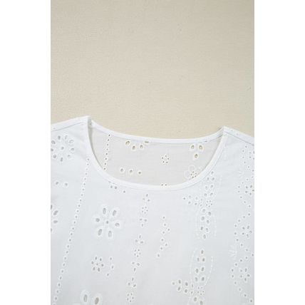 White Eyelet Embroidered Smocked Cuff Sheer Blouse