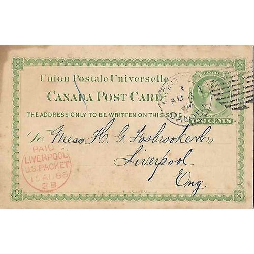 Canada ! #P4 Postal Card Montreal Quebec to to England 1886