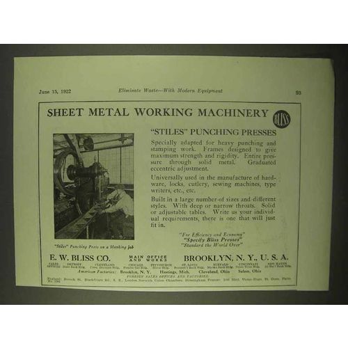 1922 E.W. Bliss Stiles Punching Presses Ad