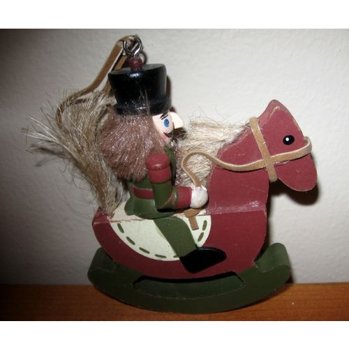 Painted Wood Christmas Ornament-Nutcracker On Rocking Horse With Sisal Mane/Tail