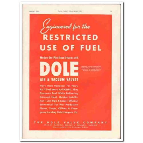 DOLE VALVE COMPANY 1942 One-pipe steam system air vacuum vintage ad