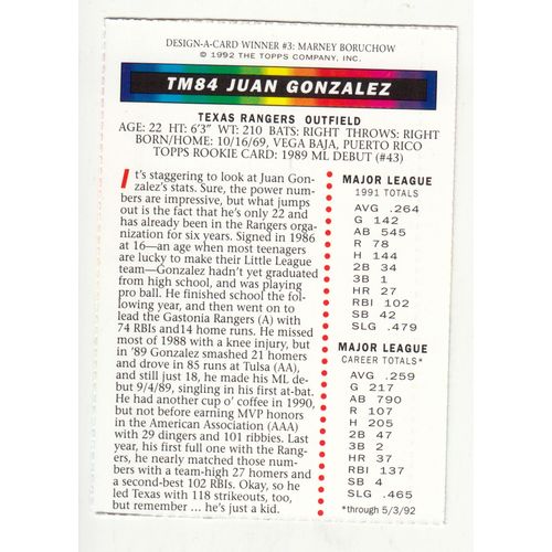 1992 Topps Magazine baseball TM84 Juan Gonzalez insert card –NM- Rangers