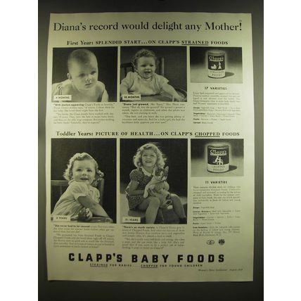 1939 Clapp's Baby Food Ad - Diana's record would delight any mother!