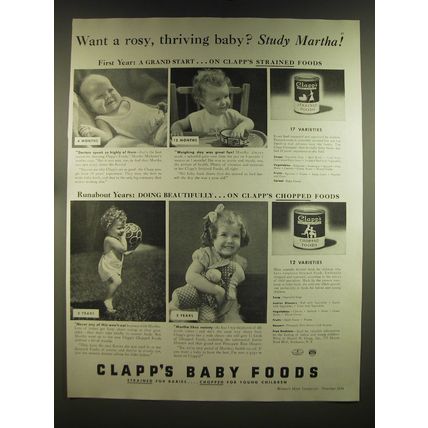 1939 Clapp's Baby Food Ad - Want a rosy, thriving baby? Study Martha!