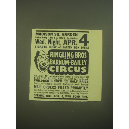 1945 Ringling Bros and Barnum & Bailey Circus Ad - Madison Square Garden