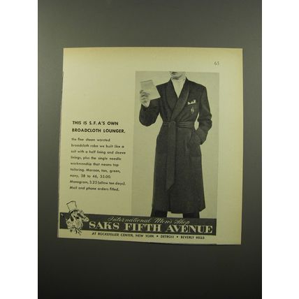 1950 Saks Fifth Avenue Broadcloth Robe Advertisement