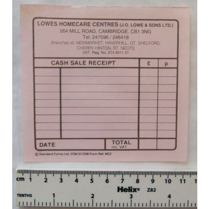 Vintage: unused receipt Lowes Homecare Centres, Cambridge Newmarket Haverhill &