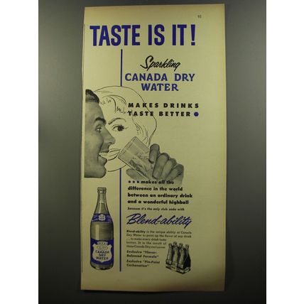 1953 Canada Dry Sparkling Water Ad - Taste is it!