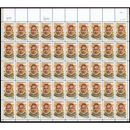 Ernest Hemingway Sheet of Fifty 25 Cent Postage Stamps Scott 2418