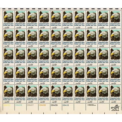 Organized Labor Sheet of Fifty 15 Cent Postage Stamps Scott 1831