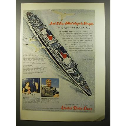 1954 United States Lines Cruise Ad - Just 5 fun-filled days to Europe