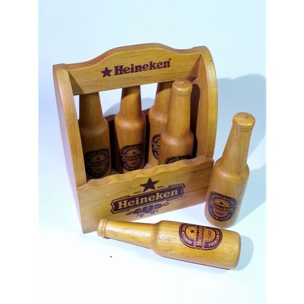 Heineken Wooden Decorative Mini Beer Bottle Set (6pcs) w/ Carrier Crate