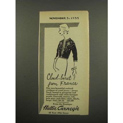 1955 Hattie Carnegie Cardigan Ad - Cloud-burst from France